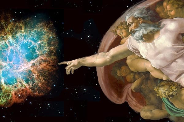 Has Science Buried God? — a nebula beside Michelangelo's Creation of Adam